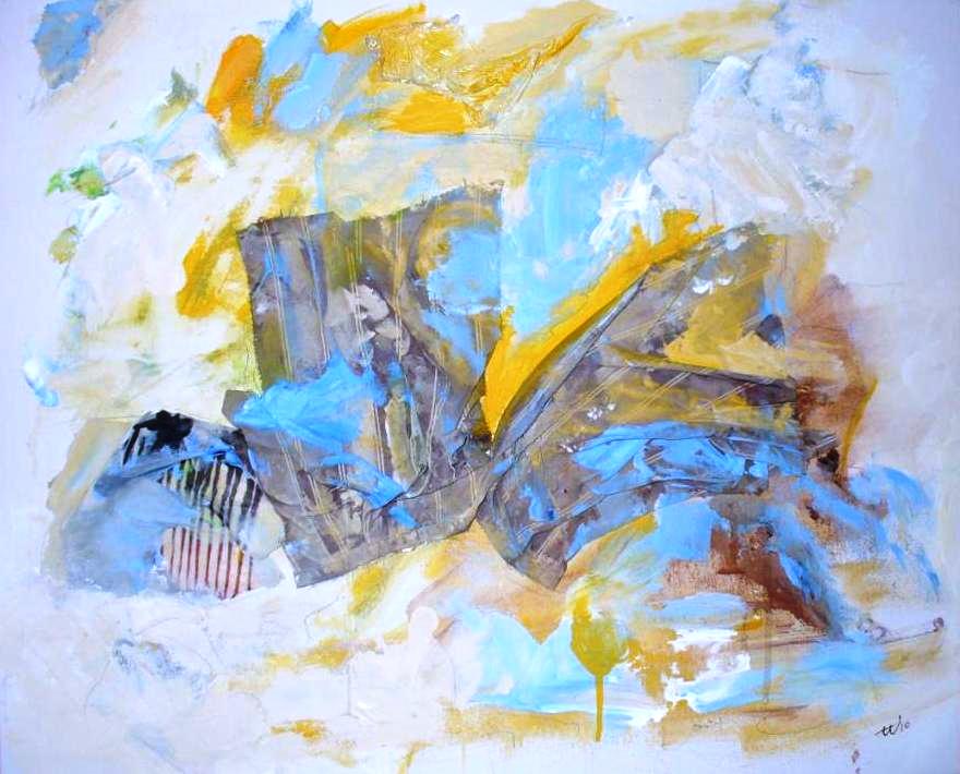 Second work on fabrics and paper collage, Stride evokes the movement, the running, the precipitation.