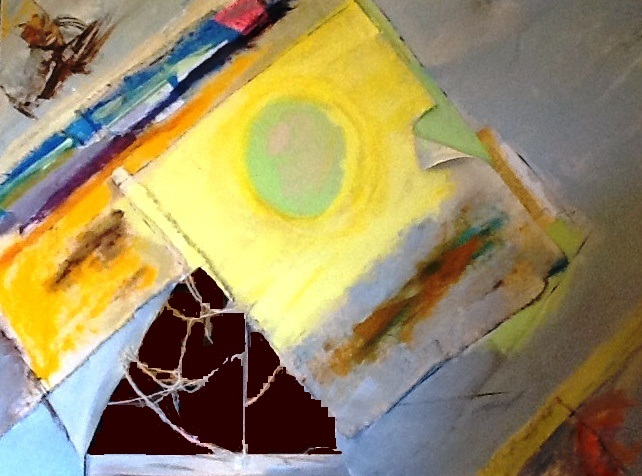 Build around Egyptian subjects: central Sun, Egyptian figure at the top to the left, Osiris dismembered theme, this painting here accumulates layers of papers and fabrics and there is made of a hole that seems to measure wear and lack of signification more than to structure it.